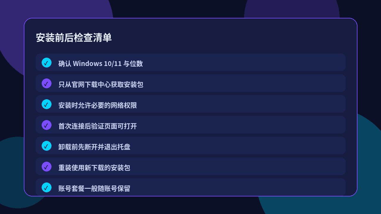 快喵VPN 安装前后检查清单示意